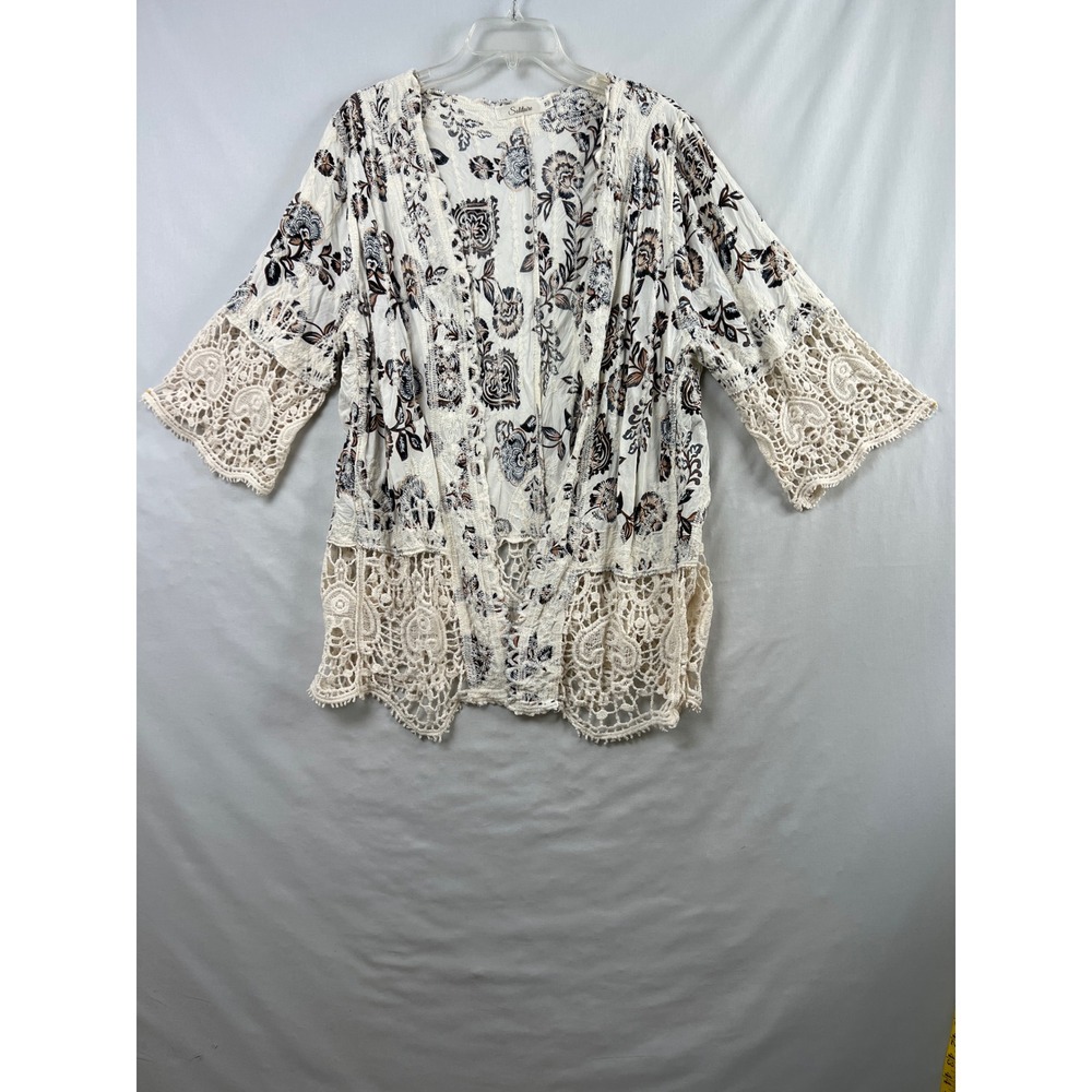 Solitaire Kimono Cardigan Women 1X White Floral Crochet Lace Bell Sleeve Boho